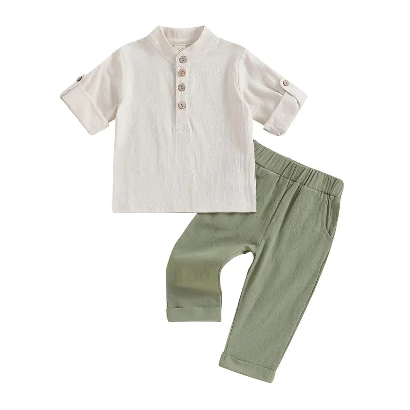 Kids Boys Outfits Solid Color Buttons Short Sleeve Shirts and Elastic Waist Long Pants 2Pcs Clothes Set