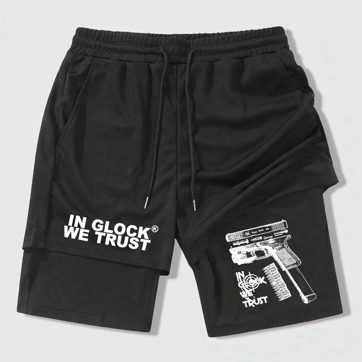 Men's Regular Fit Hand & Gun Print 2 in 1 Drawstring Waist Shorts, Casual Pocket Track Shorts for Summer, Fashion Men's Bottoms for Daily Wear, Drawstring Waistband Shorts