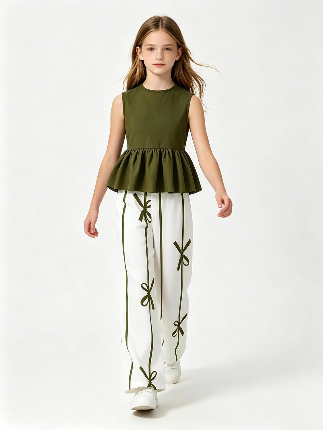 Ayzozuy Girls 2 Piece Outfit Sleeveless Peplum Top and Bow Print Wide Leg Pants Clothes for Tween Girls 7-14Y