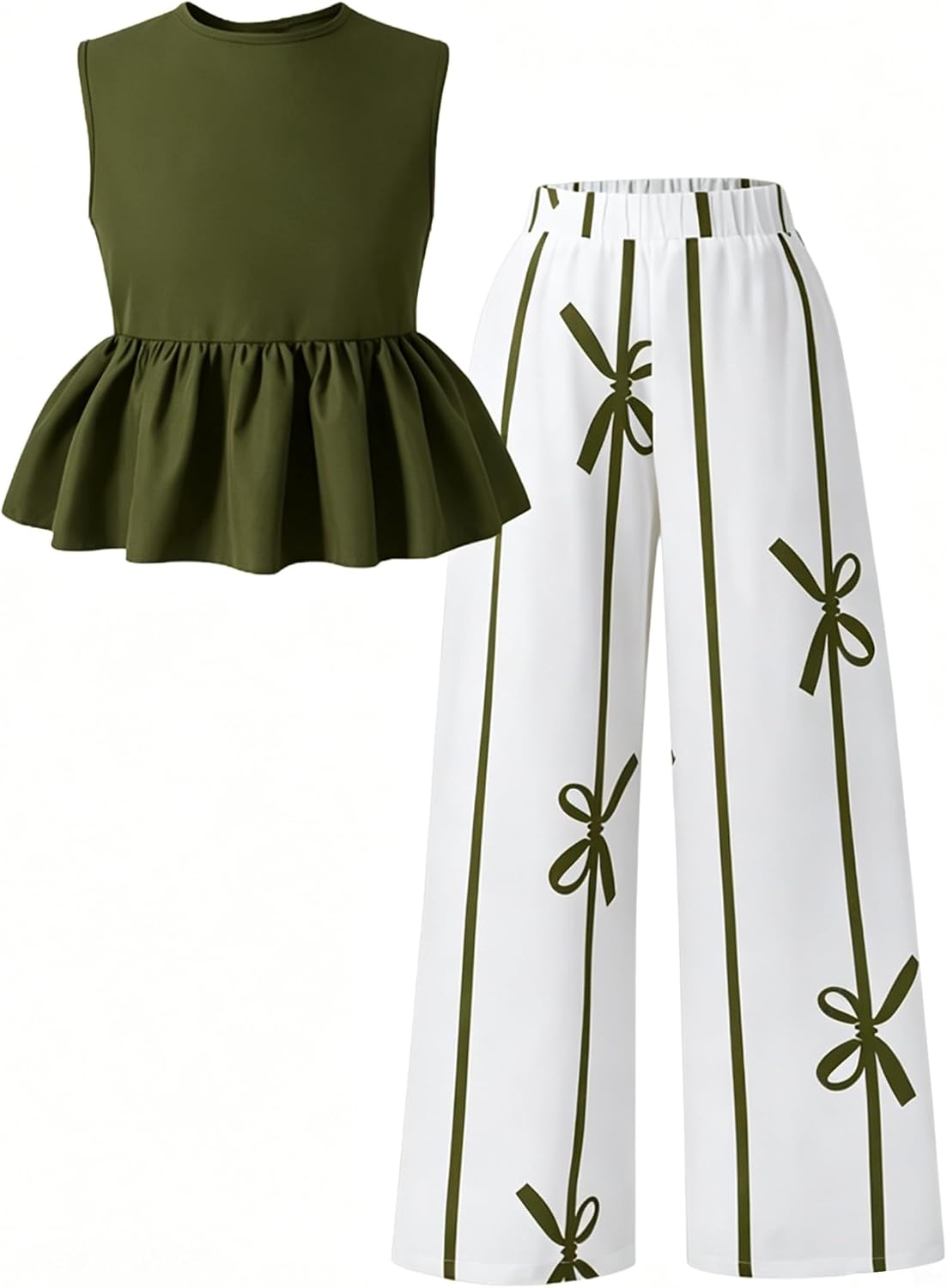 Ayzozuy Girls 2 Piece Outfit Sleeveless Peplum Top and Bow Print Wide Leg Pants Clothes for Tween Girls 7-14Y