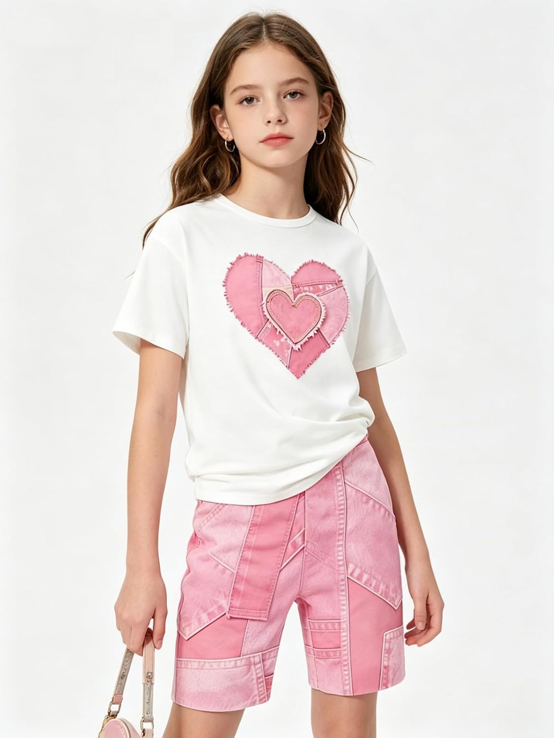 Size 7-14 Girls 2 Piece Summer Heart Print Short Set Teen Girl Outfits Girls Clothing Set
