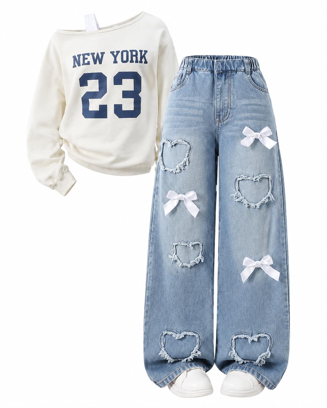 Tween Girl Clothes 2 Pieces Outfit Set Off Shoulder Top + Jeans Denim Fall Winter Spring Clothing, Size 8-16 Years