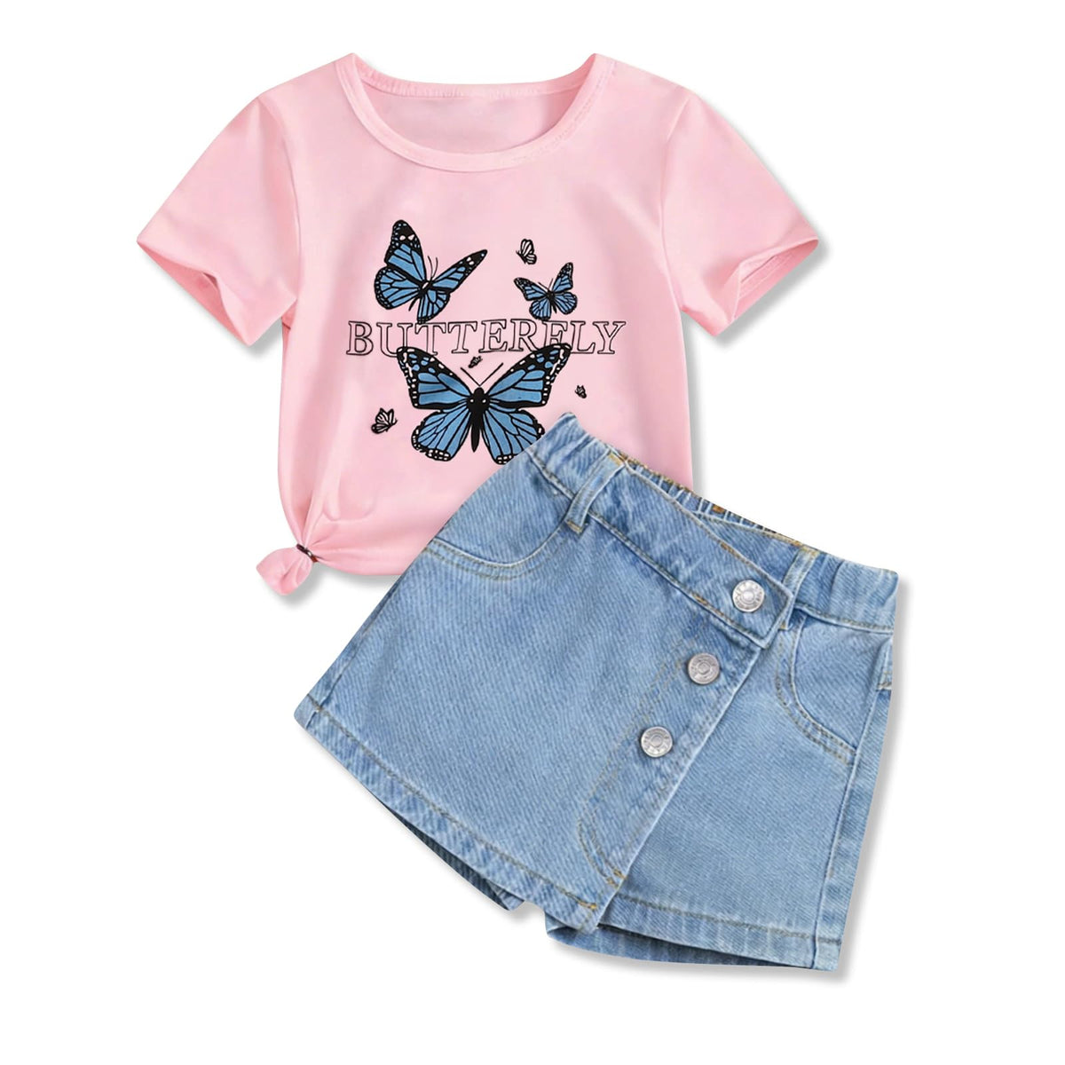 Girls Clothes 2PCS Butterfly Print Short Sleeve T-Shirt Denim Skirt Shorts Set Teen Tween Girls Summer Outfits Set