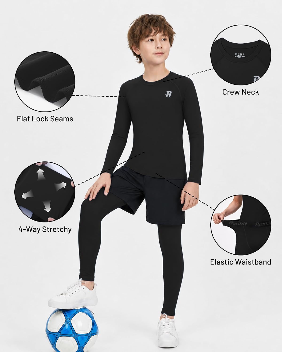 Runhit Boys Compression Shirts & Pants Set Youth Football Long Sleeve Undershirts Leggings Kids Sport Base Layer Tights UPF50