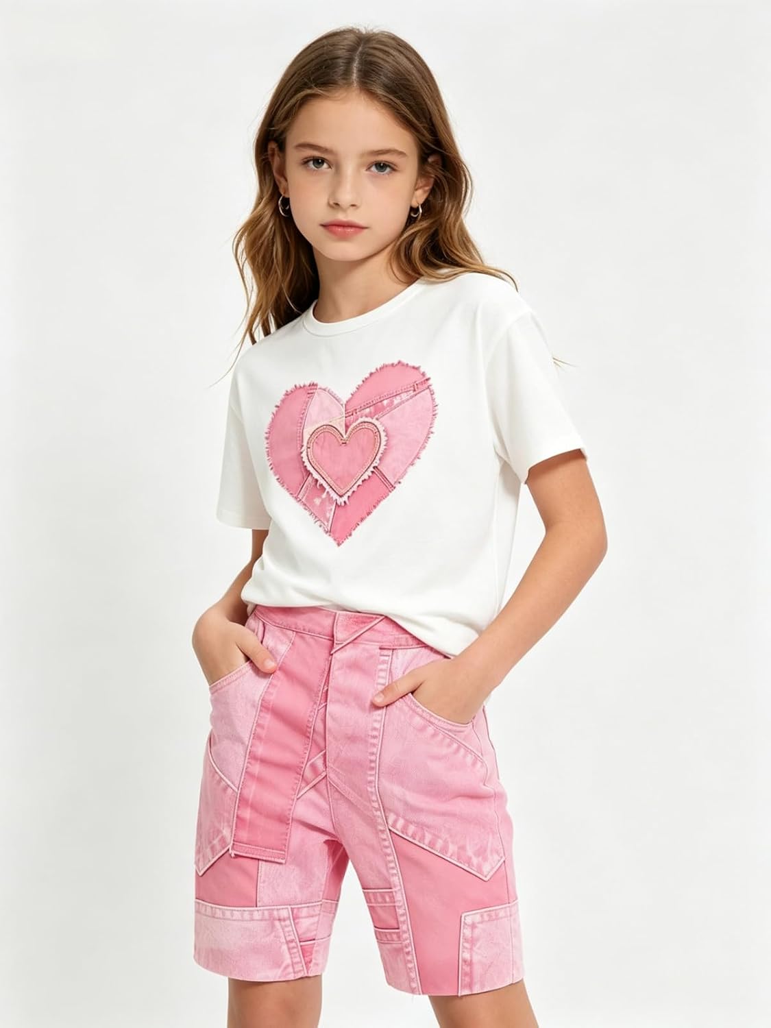 Size 7-14 Girls 2 Piece Summer Heart Print Short Set Teen Girl Outfits Girls Clothing Set