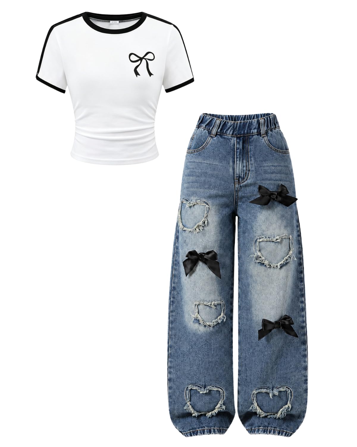 Azmxynol Tween Girl Clothes Short Sleeve Top + Butterfly Design Jeans 2 Pieces Spring Summer Outfit Set, Size 6-16 Years