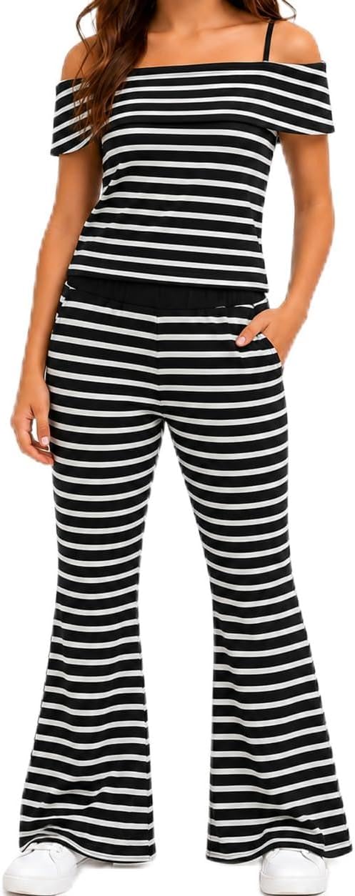Girls 2 Piece Outfit Off Shoulder Fitted Striped Top & Flare Pants Set