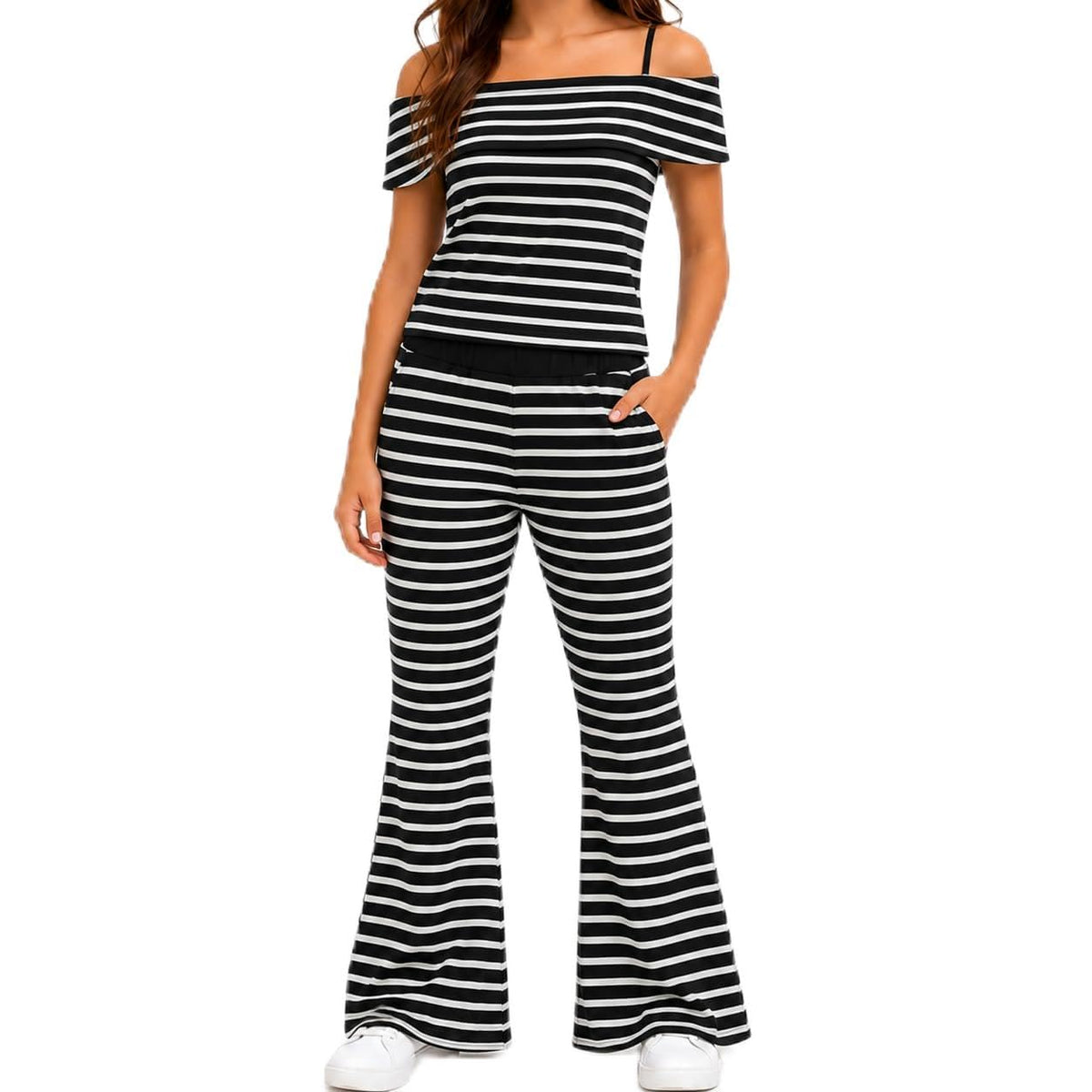 Girls 2 Piece Outfit Off Shoulder Fitted Striped Top & Flare Pants Set