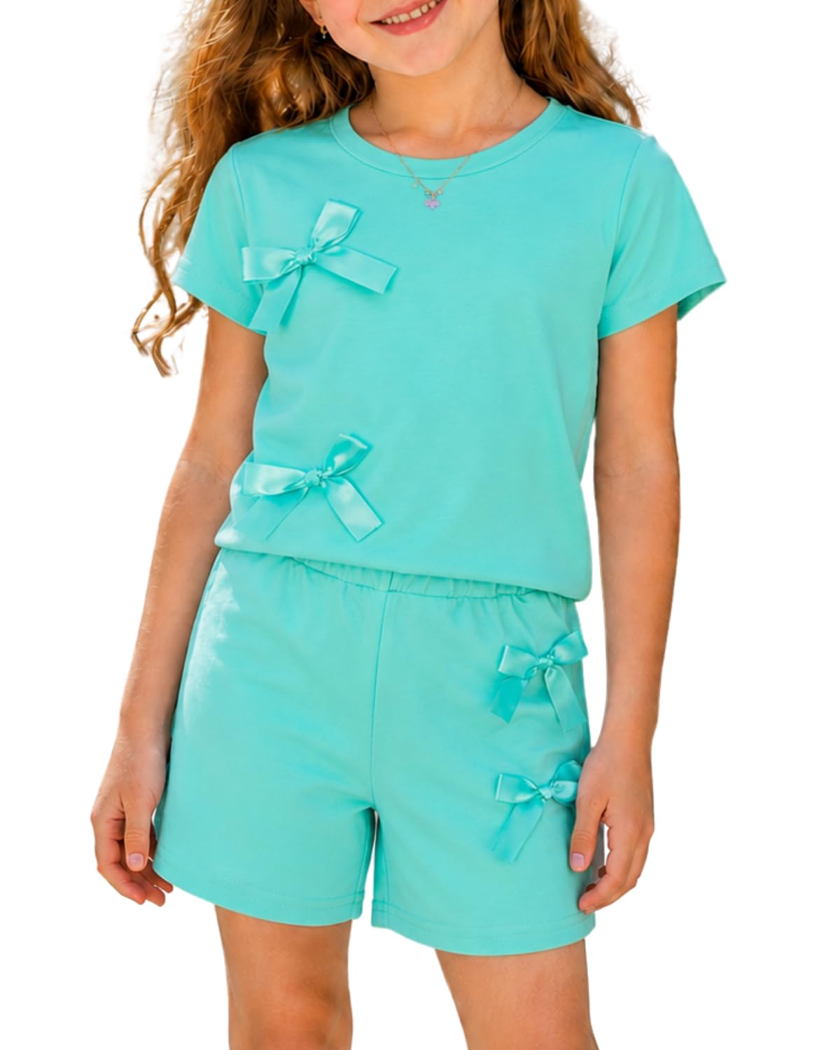 Toddler Girls Clothes Summer Short Sleeve T-Shirt + Striped Skort 2pcs Bow Outfit Set For Girls, Size 4-8 Years