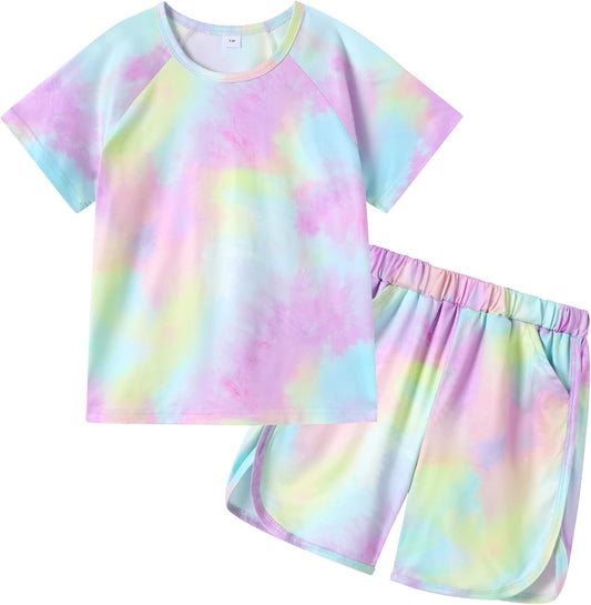 DISAUR Girls Summer Outfits 2 Piece Matching Sets Tie Dye T Shirt and Shorts Set with Pockets for Girls 4-10 Years