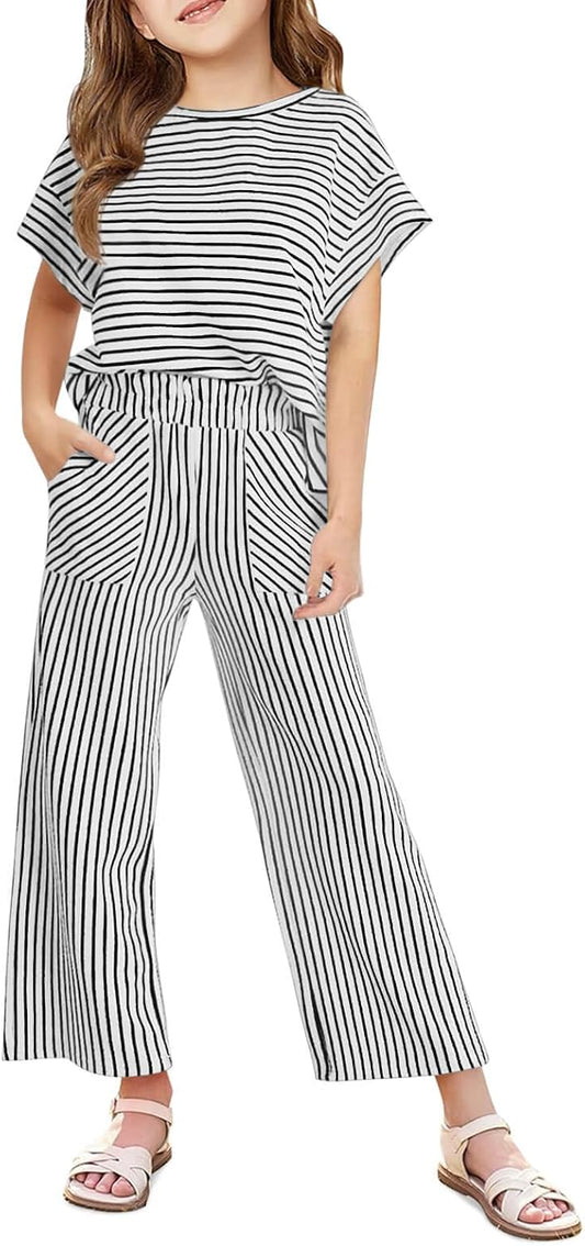 Haloumoning Girls Striped 2 Piece Outfits Short Sleeve T Shirts Wide Leg Pants Matching Lounge Set with Pockets