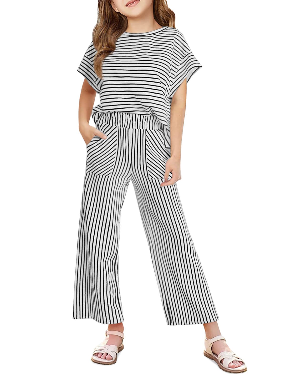 Haloumoning Girls Striped 2 Piece Outfits Short Sleeve T Shirts Wide Leg Pants Matching Lounge Set with Pockets