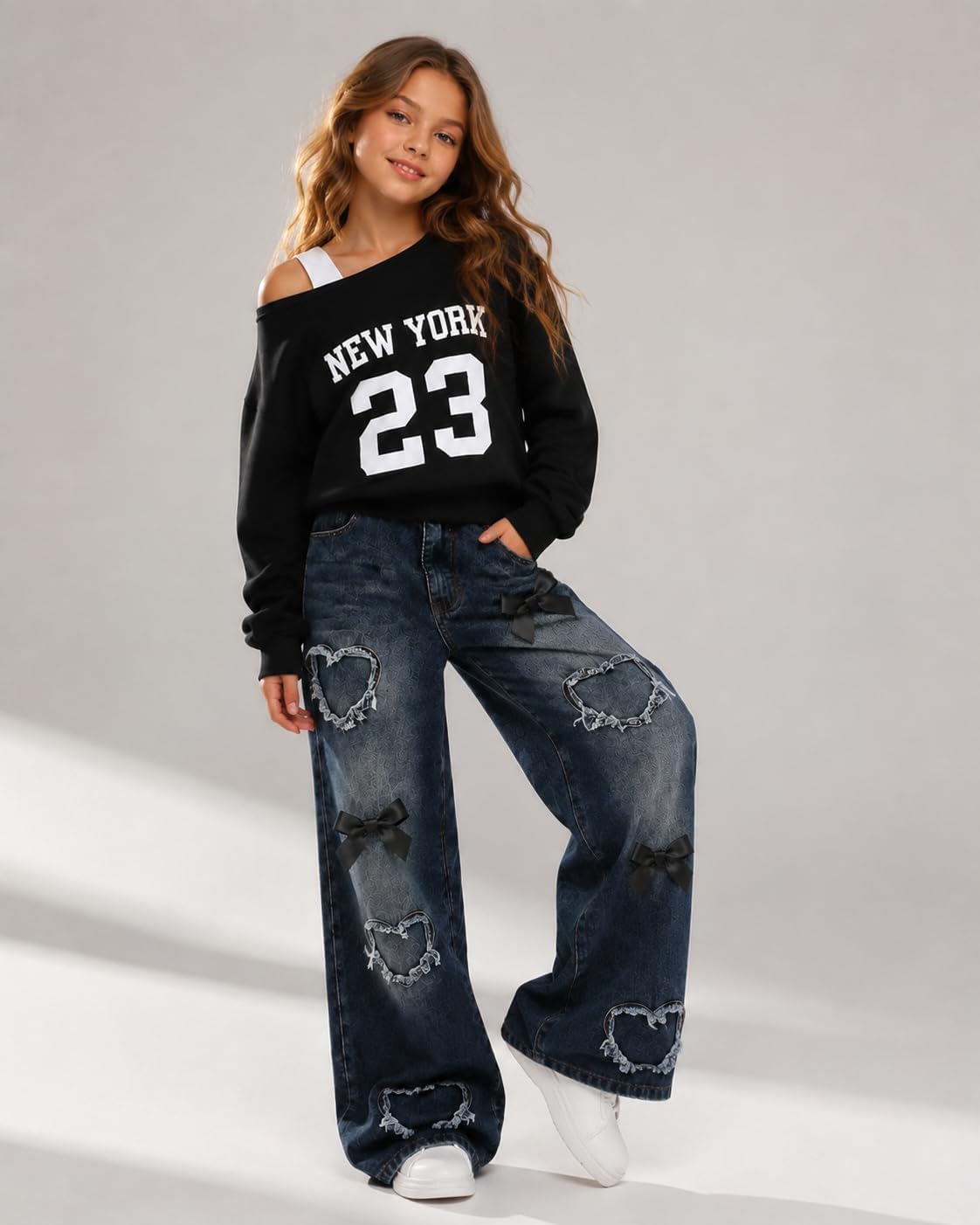 Tween Girl Clothes 2 Pieces Outfit Set Off Shoulder Top + Jeans Denim Fall Winter Spring Clothing, Size 8-16 Years