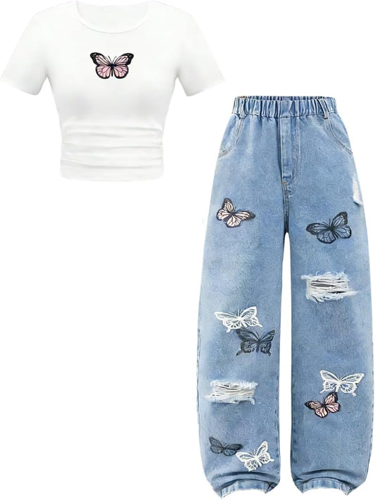 Azmxynol Tween Girl Clothes Short Sleeve Top + Butterfly Design Jeans 2 Pieces Spring Summer Outfit Set, Size 6-16 Years