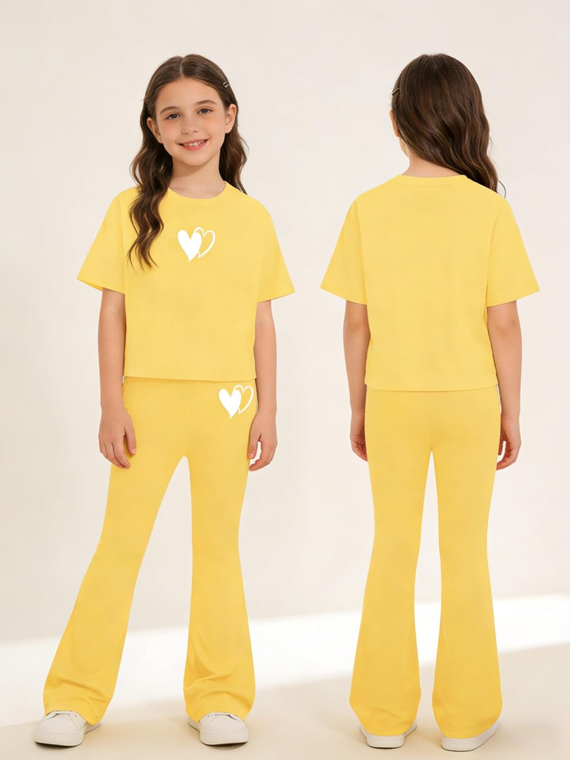 Tween Girls 2PCS Outfit Set 8-13Y Crop Top & Flare Pants with Bowknot and Heart Print Casual Girl Clothes