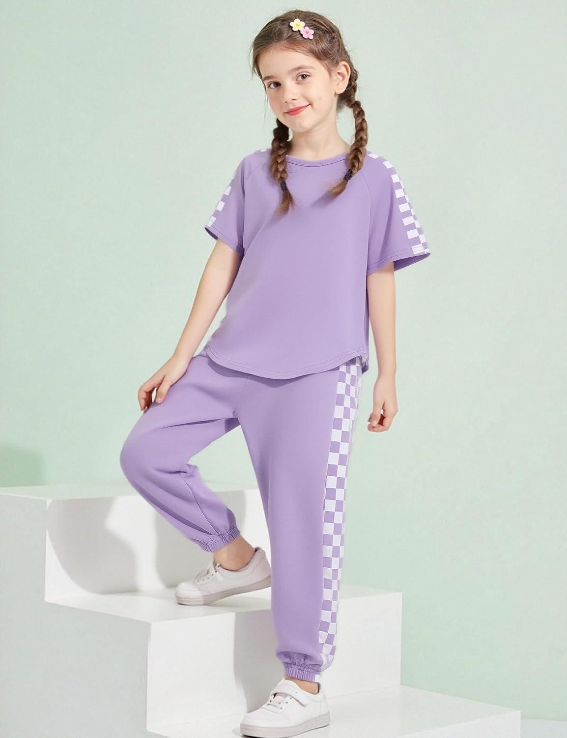 Girls Clothes Outfits Set Checkerboard 2PC Tracksuit Short Sleeve Raglan Tee and Joggers Pants for 4-16Y