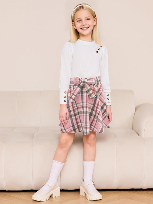 AMAWMW Girls Skirt Sets Fall Outfits Puff Sleeve Crewneck Ribbed Knit Tops and Plaid Skirt Set Kids Fall Winter Clothes