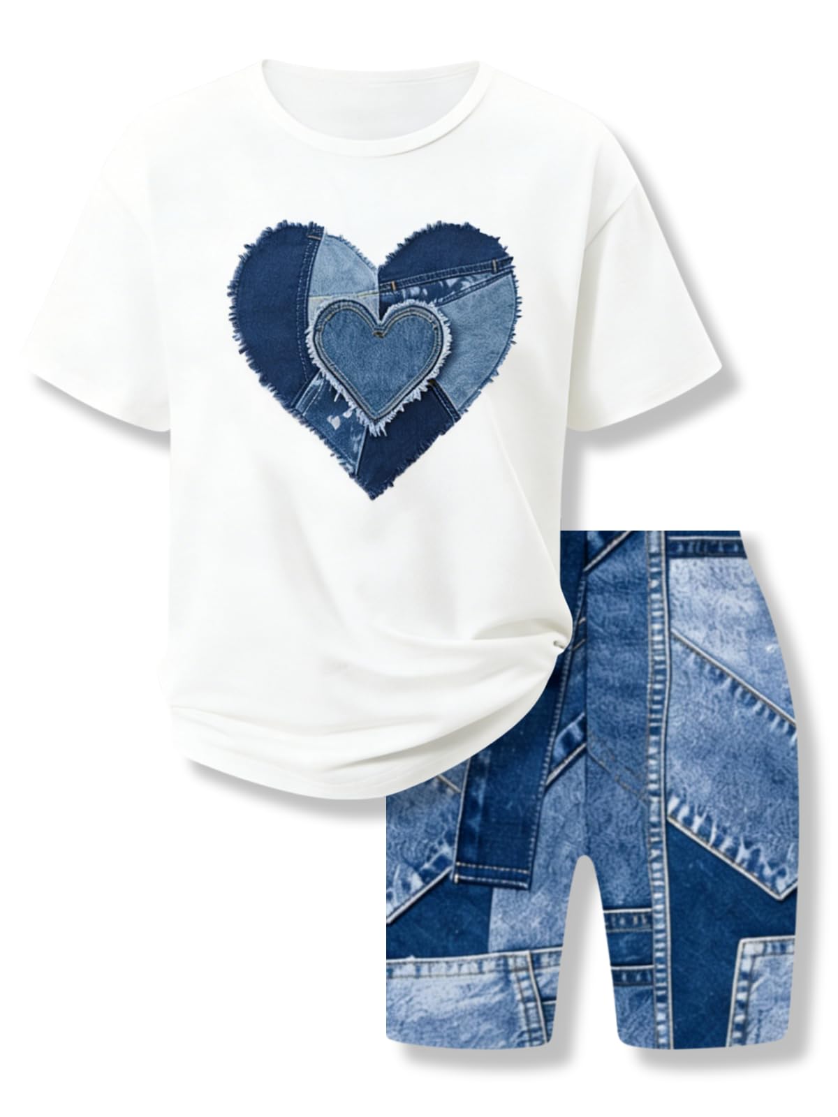 Size 7-14 Girls 2 Piece Summer Heart Print Short Set Teen Girl Outfits Girls Clothing Set