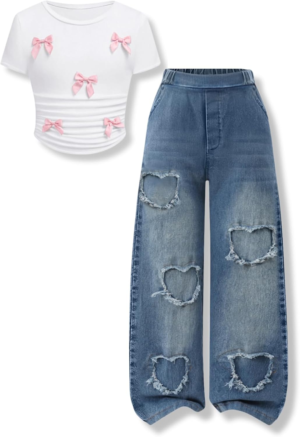Size 7-14 Years Girls 2 Piece Outfits Bow Short-Sleeved Top and Jeans Pants Clothing Set