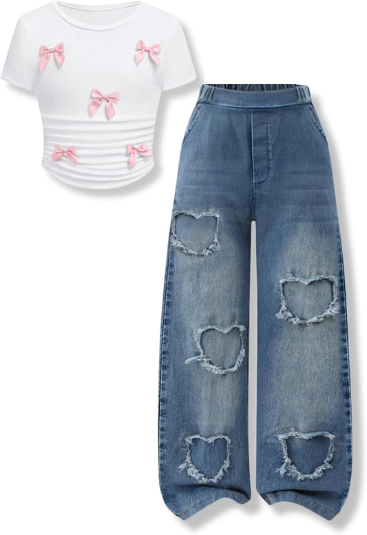 Size 7-14 Years Girls 2 Piece Outfits Bow Short-Sleeved Top and Jeans Pants Clothing Set