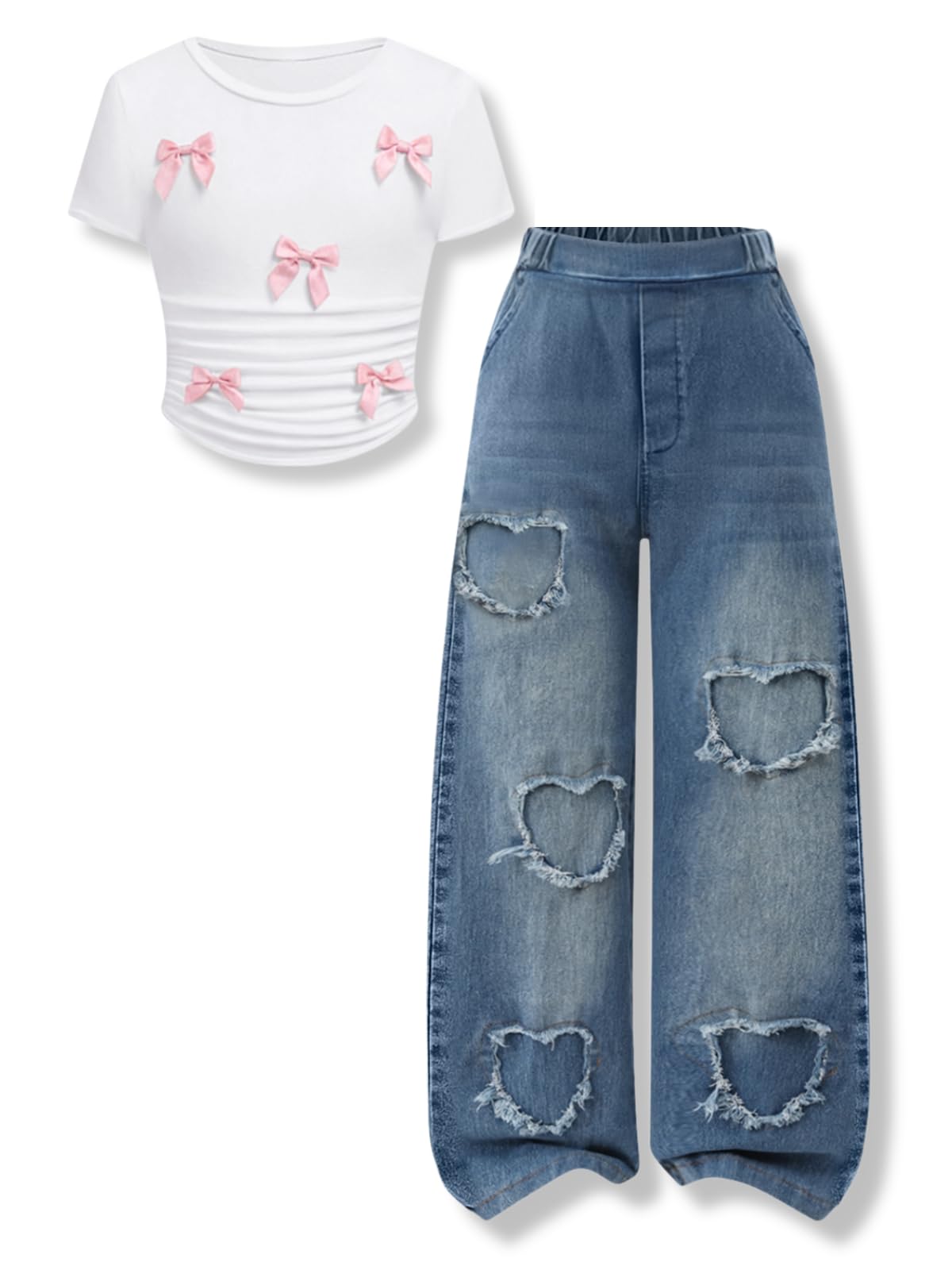Size 7-14 Years Girls 2 Piece Outfits Bow Short-Sleeved Top and Jeans Pants Clothing Set