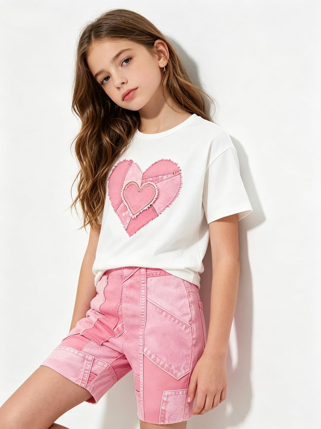 Size 7-14 Girls 2 Piece Summer Heart Print Short Set Teen Girl Outfits Girls Clothing Set