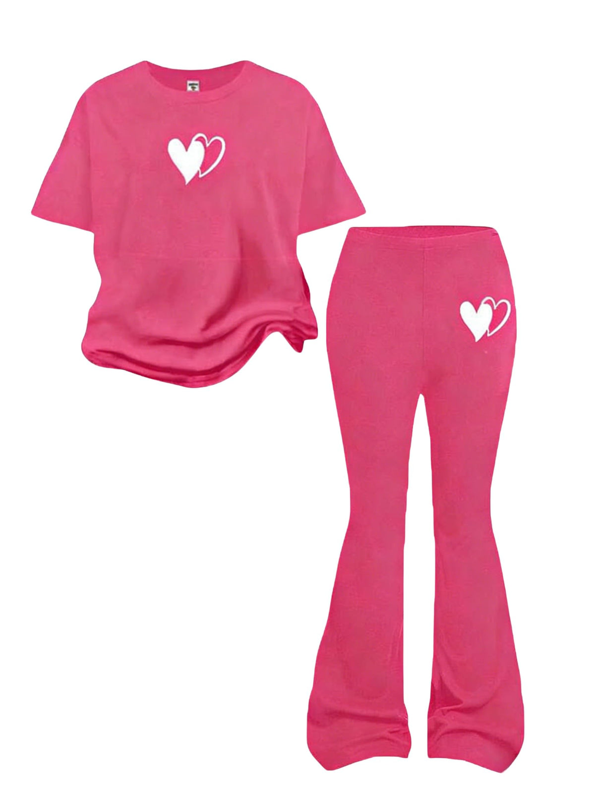 Tween Girls 2PCS Outfit Set 8-13Y Crop Top & Flare Pants with Bowknot and Heart Print Casual Girl Clothes