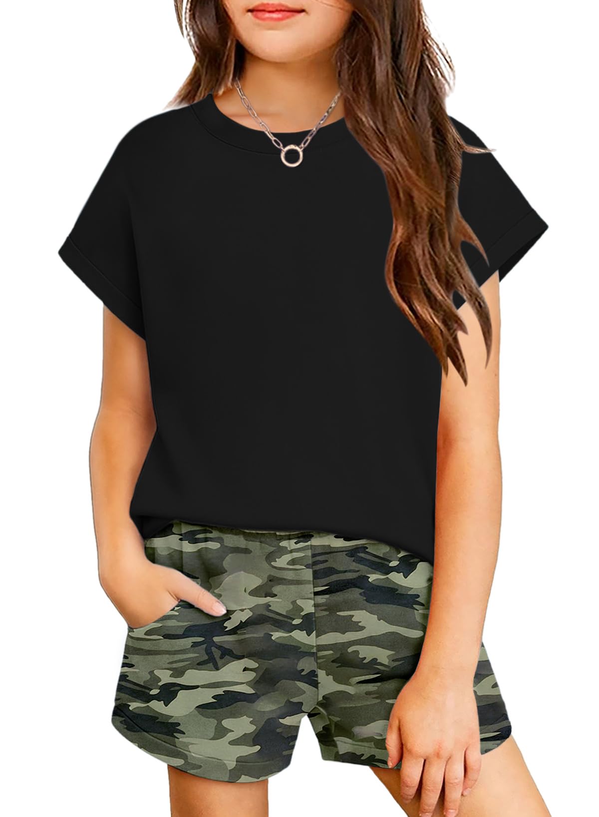 Arshiner Girls Summer 2 Piece Outfits Short Sleeve Shirts and Shorts Sets