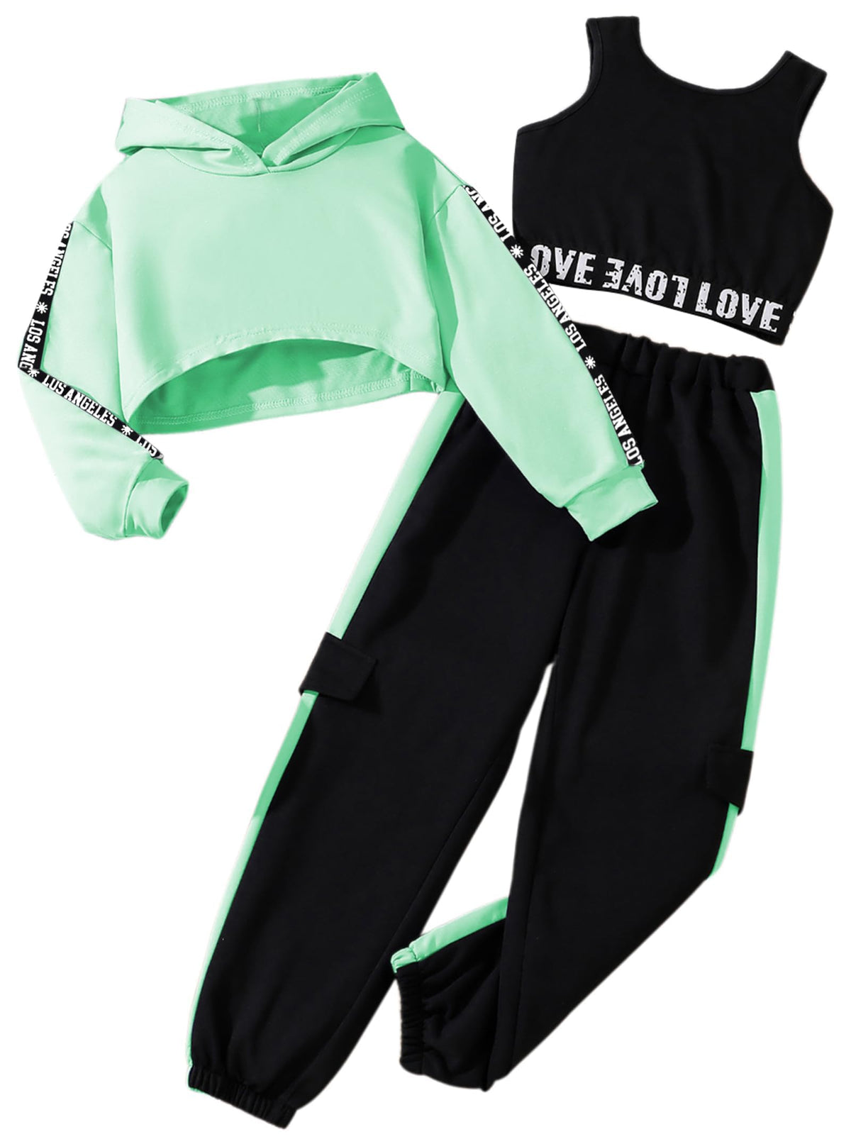 Hilinker Girls 3 Piece Outfits Workout Crop Hoodie Tank Sweatpants