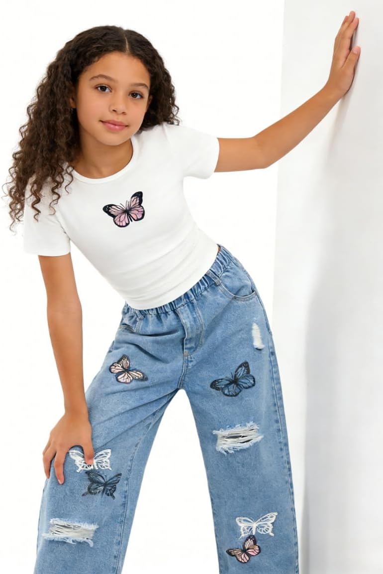 Azmxynol Tween Girl Clothes Short Sleeve Top + Butterfly Design Jeans 2 Pieces Spring Summer Outfit Set, Size 6-16 Years