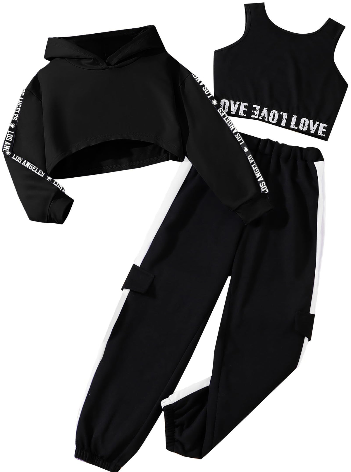 Hilinker Girls 3 Piece Outfits Workout Crop Hoodie Tank Sweatpants
