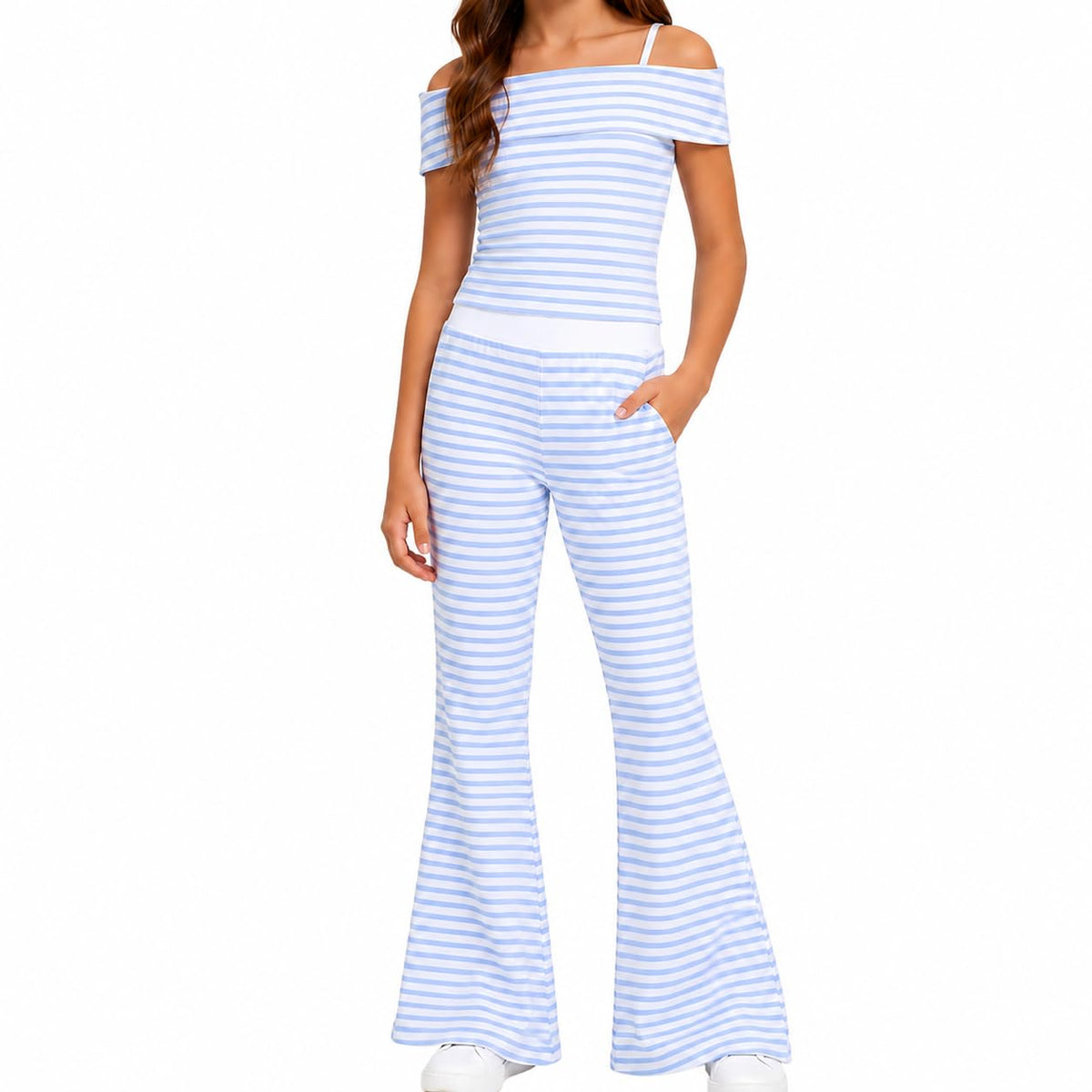 Girls 2 Piece Outfit Off Shoulder Fitted Striped Top & Flare Pants Set