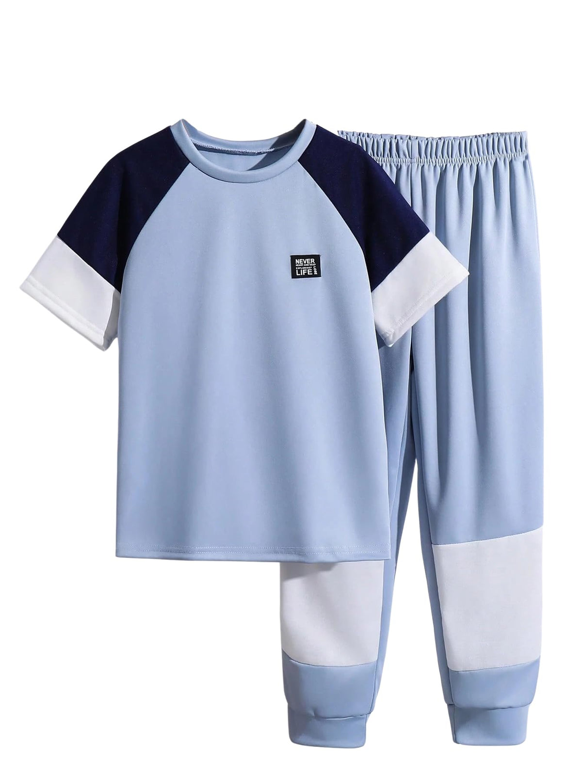 Axumity Tween Boys' 2-Piece Casual Outfit Spring Summer Short Sleeve Crewneck Top & Color Block Pants Size 6-13