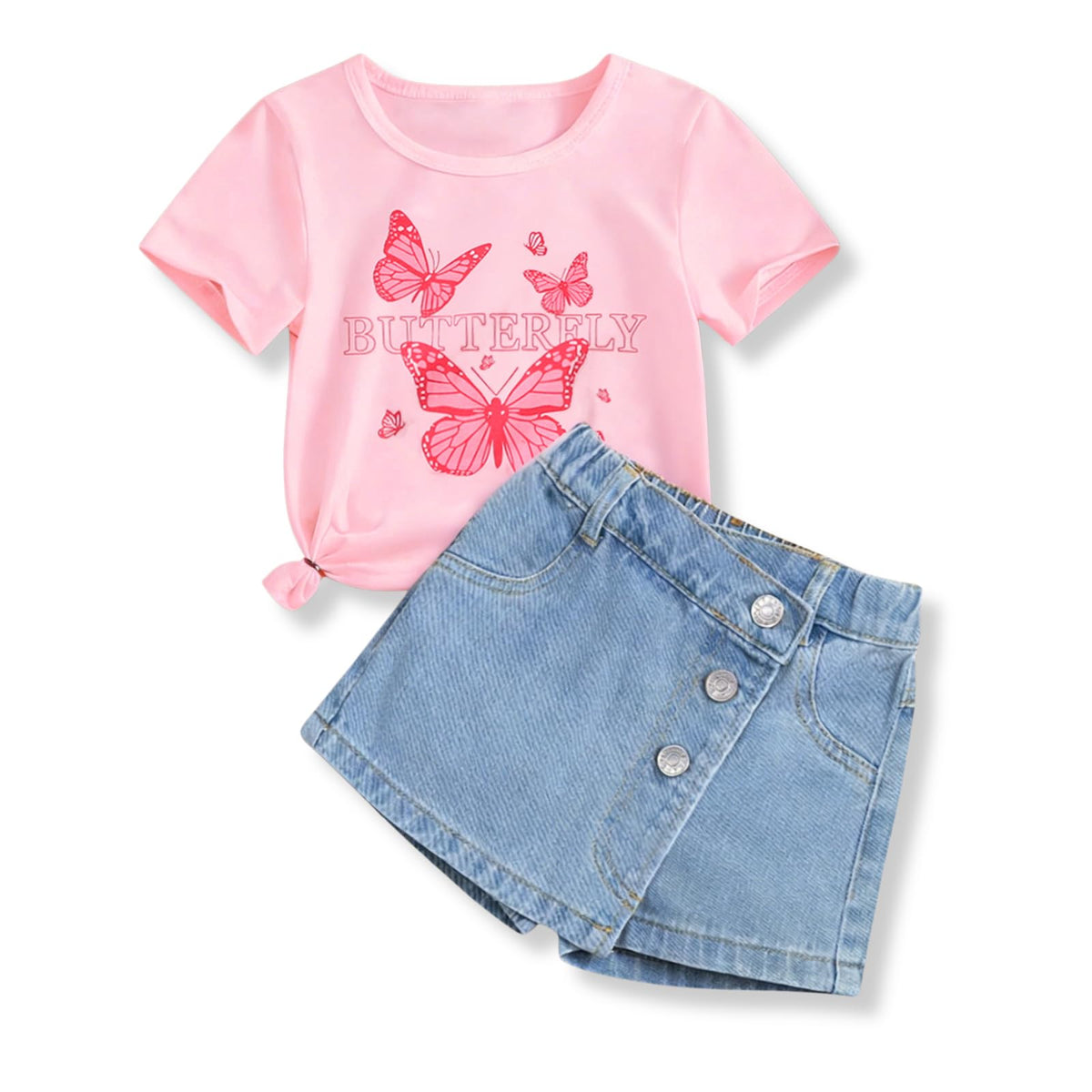 Girls Clothes 2PCS Butterfly Print Short Sleeve T-Shirt Denim Skirt Shorts Set Teen Tween Girls Summer Outfits Set