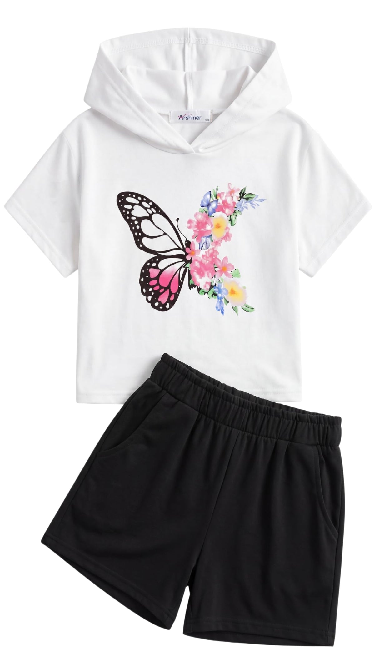 Girls Summer Outfits Kids Hooded-Shirts Elastic Waist Shorts with Pockets
