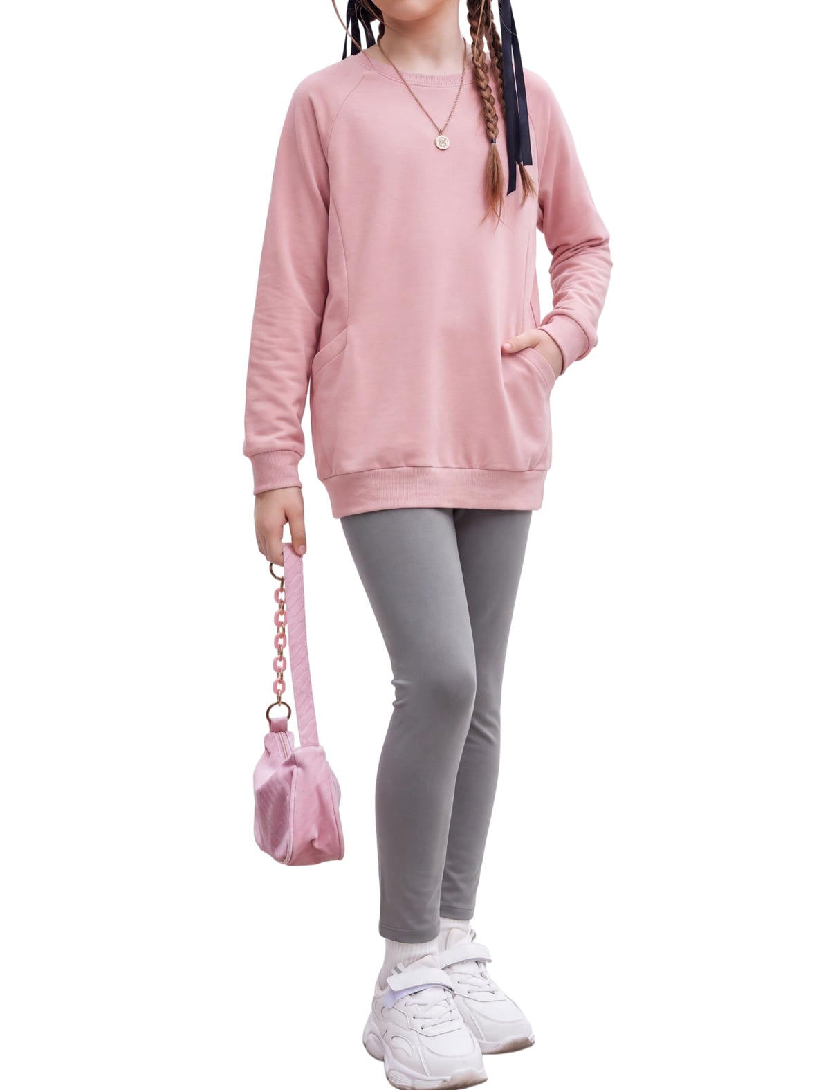 Arshiner Girls 2 Piece Outfits Long Sleeve Raglan Top with Pockets and Slim Fit Pants Daily Wear Set for 6-14Y