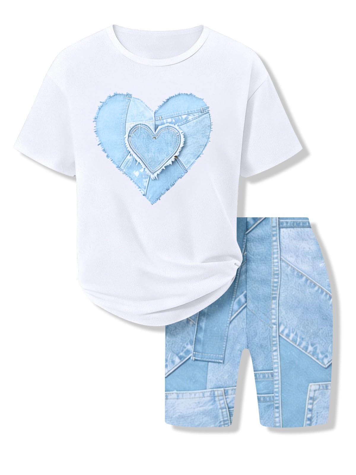 Size 7-14 Girls 2 Piece Summer Heart Print Short Set Teen Girl Outfits Girls Clothing Set