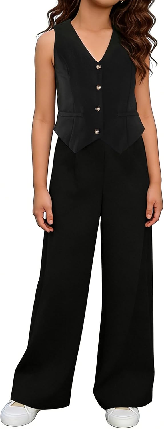 Girls Two Piece Outfits, Kids Vest And Wide Leg Pants Set, Back to School Outfits for Girls