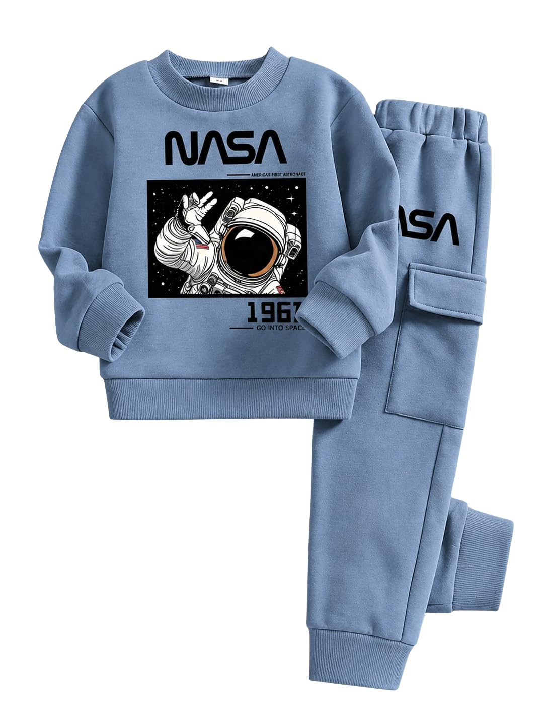 Size 5-12 Years Boys 2 Piece Outfits Long Sleeve Solid Astronaut Pattern Top and Sweatpants Fall Winter Clothing Set