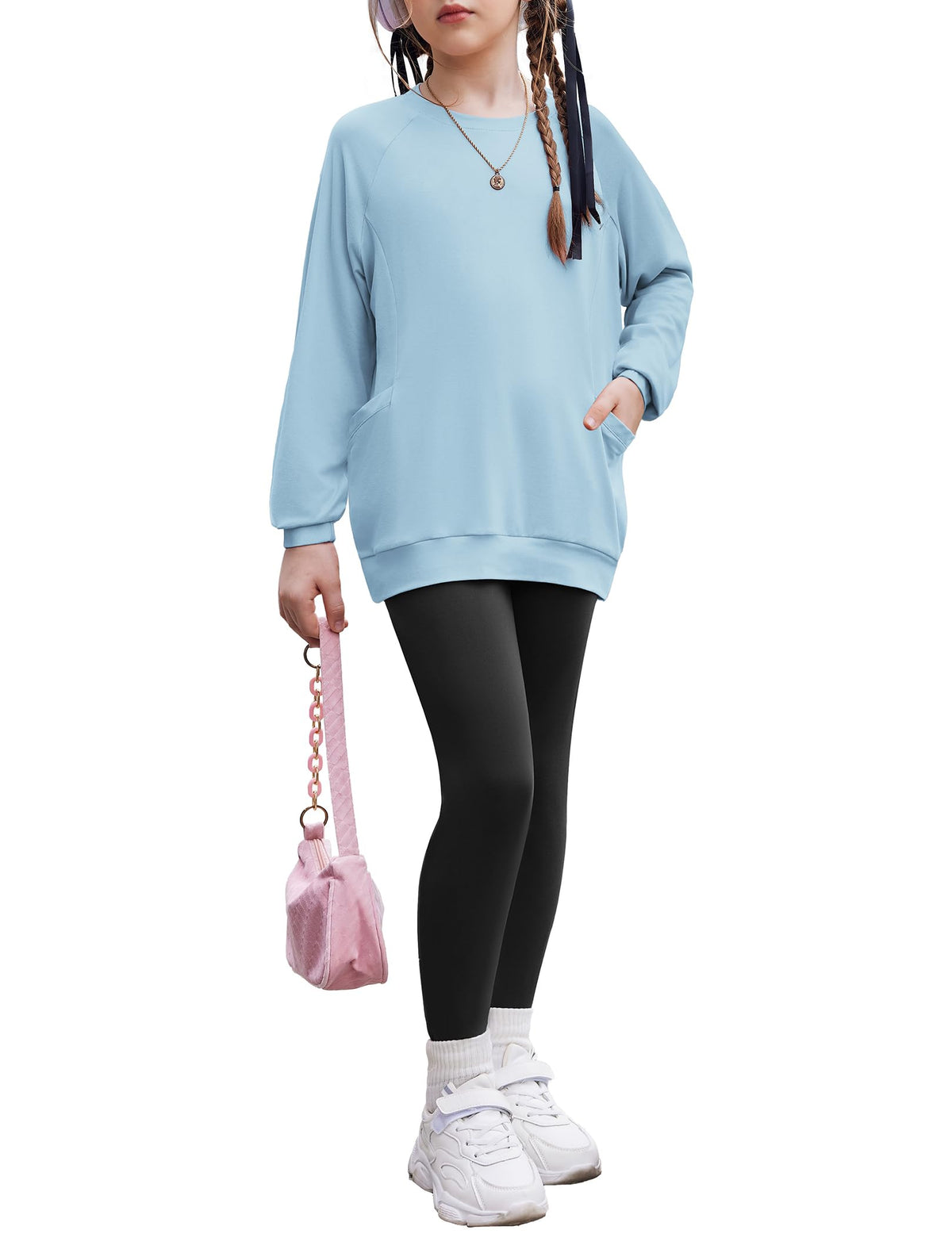 Arshiner Girls 2 Piece Outfits Long Sleeve Raglan Top with Pockets and Slim Fit Pants Daily Wear Set for 6-14Y