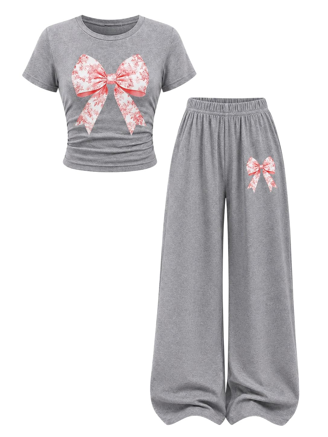 Teen Girl Clothes Bow Graphic Short Sleeve T-Shirt Top+Wide Leg Pants 2 Piece Outfit Set Size 7-14