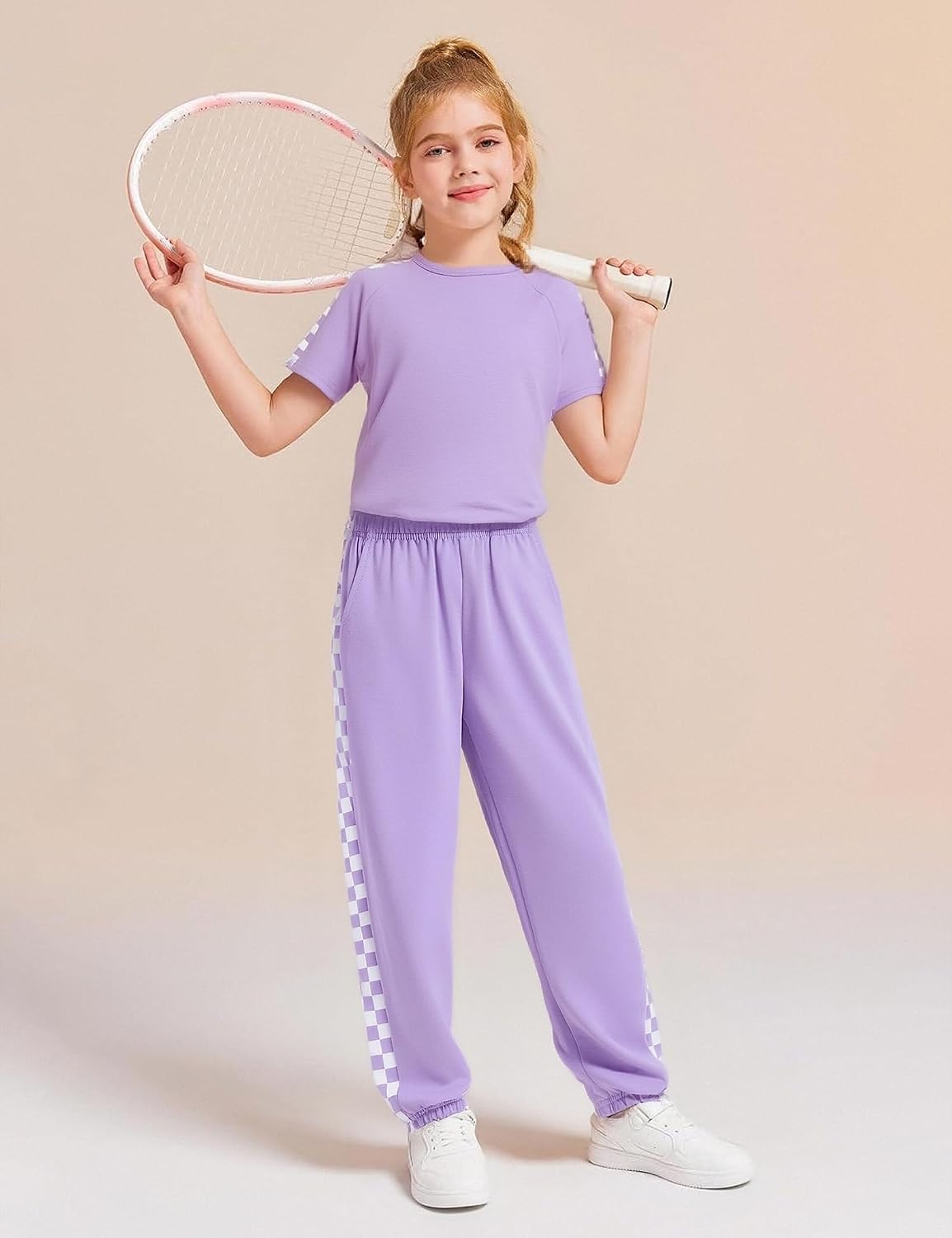 Girls Clothes Outfits Set Checkerboard 2PC Tracksuit Short Sleeve Raglan Tee and Joggers Pants for 4-16Y