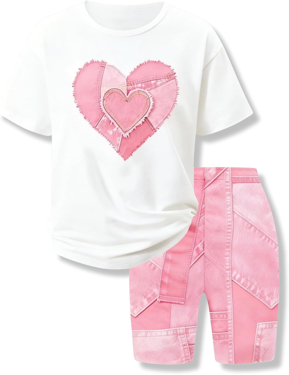 Size 7-14 Girls 2 Piece Summer Heart Print Short Set Teen Girl Outfits Girls Clothing Set