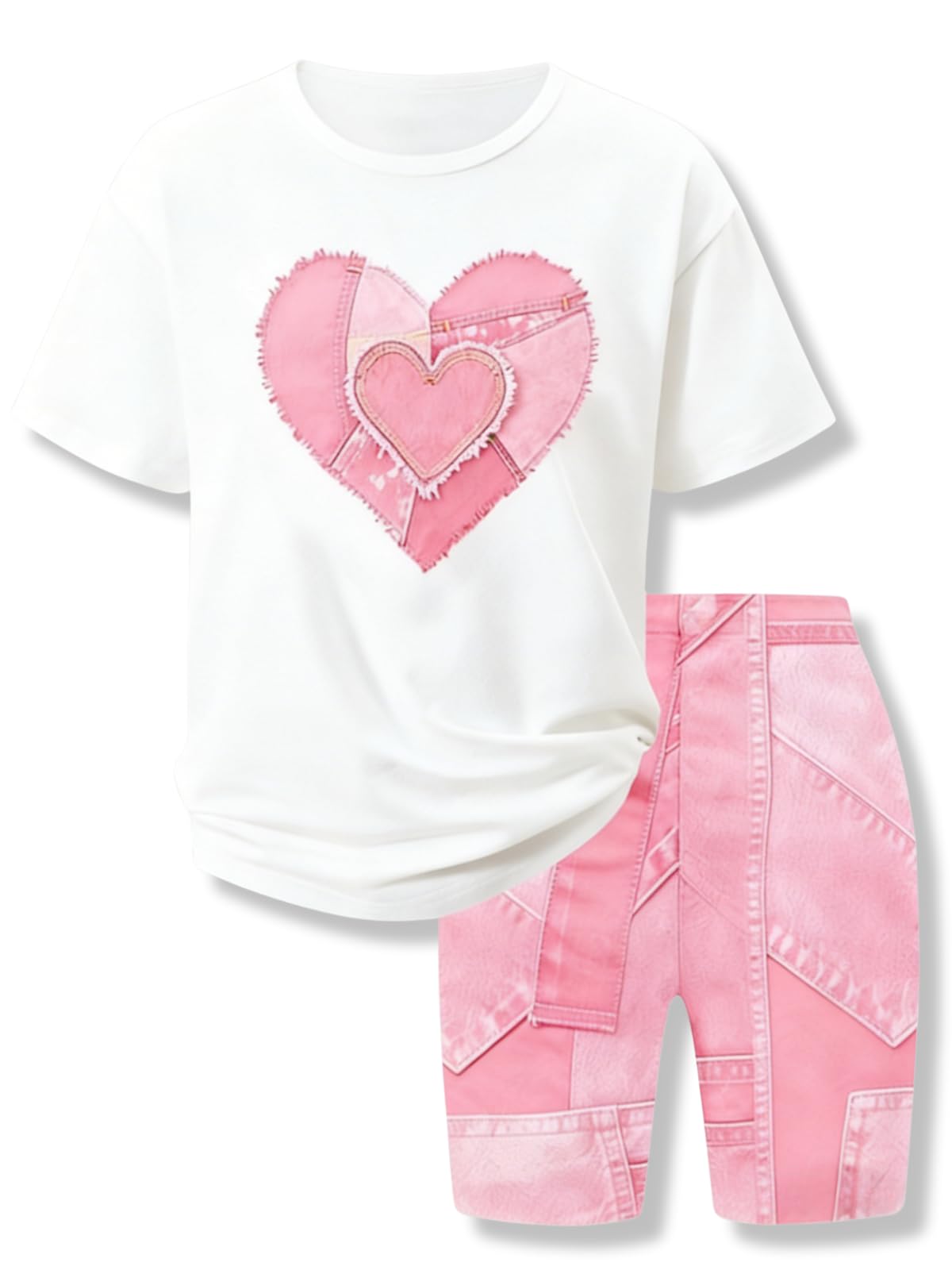Size 7-14 Girls 2 Piece Summer Heart Print Short Set Teen Girl Outfits Girls Clothing Set