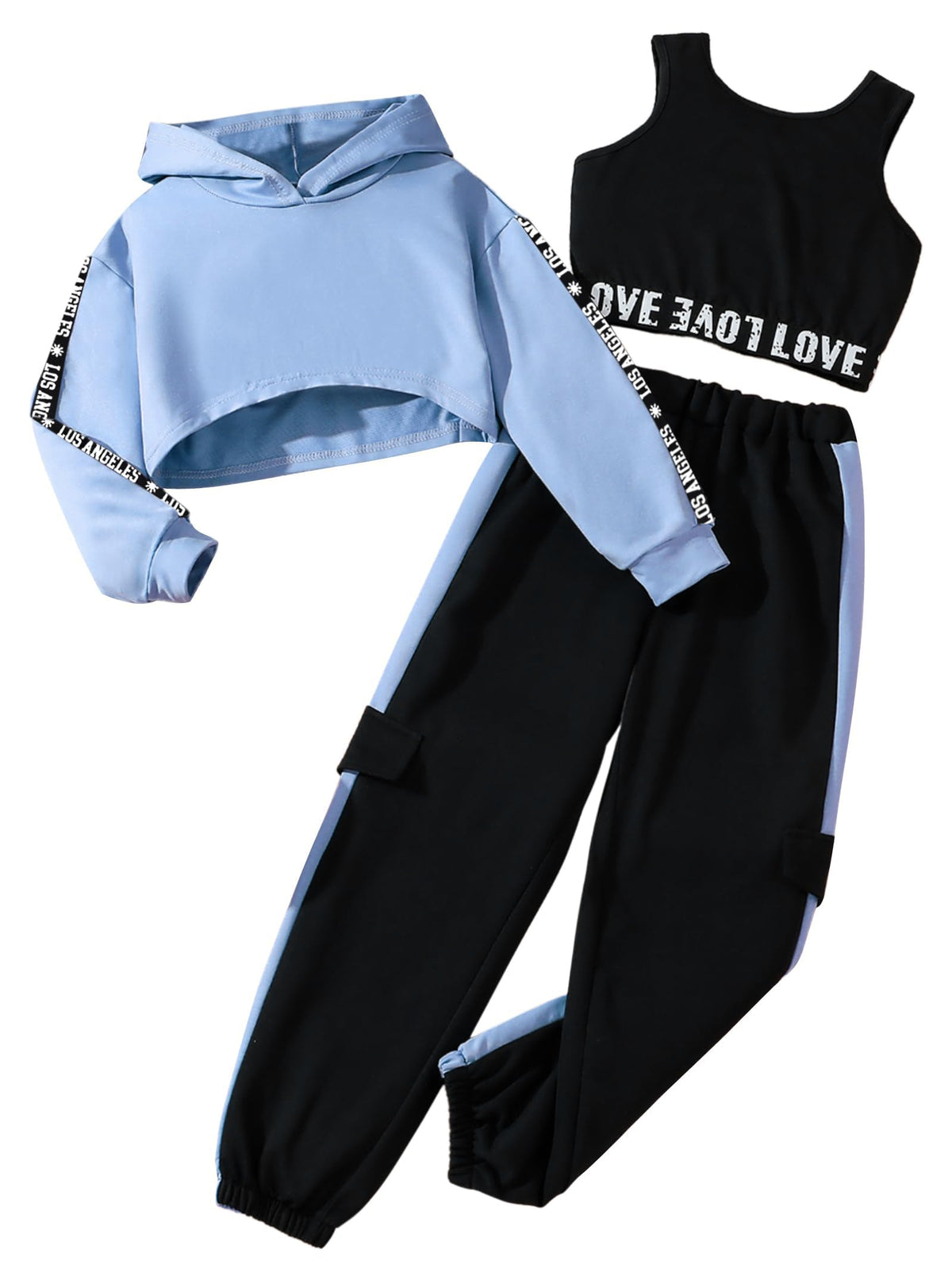 Hilinker Girls 3 Piece Outfits Workout Crop Hoodie Tank Sweatpants