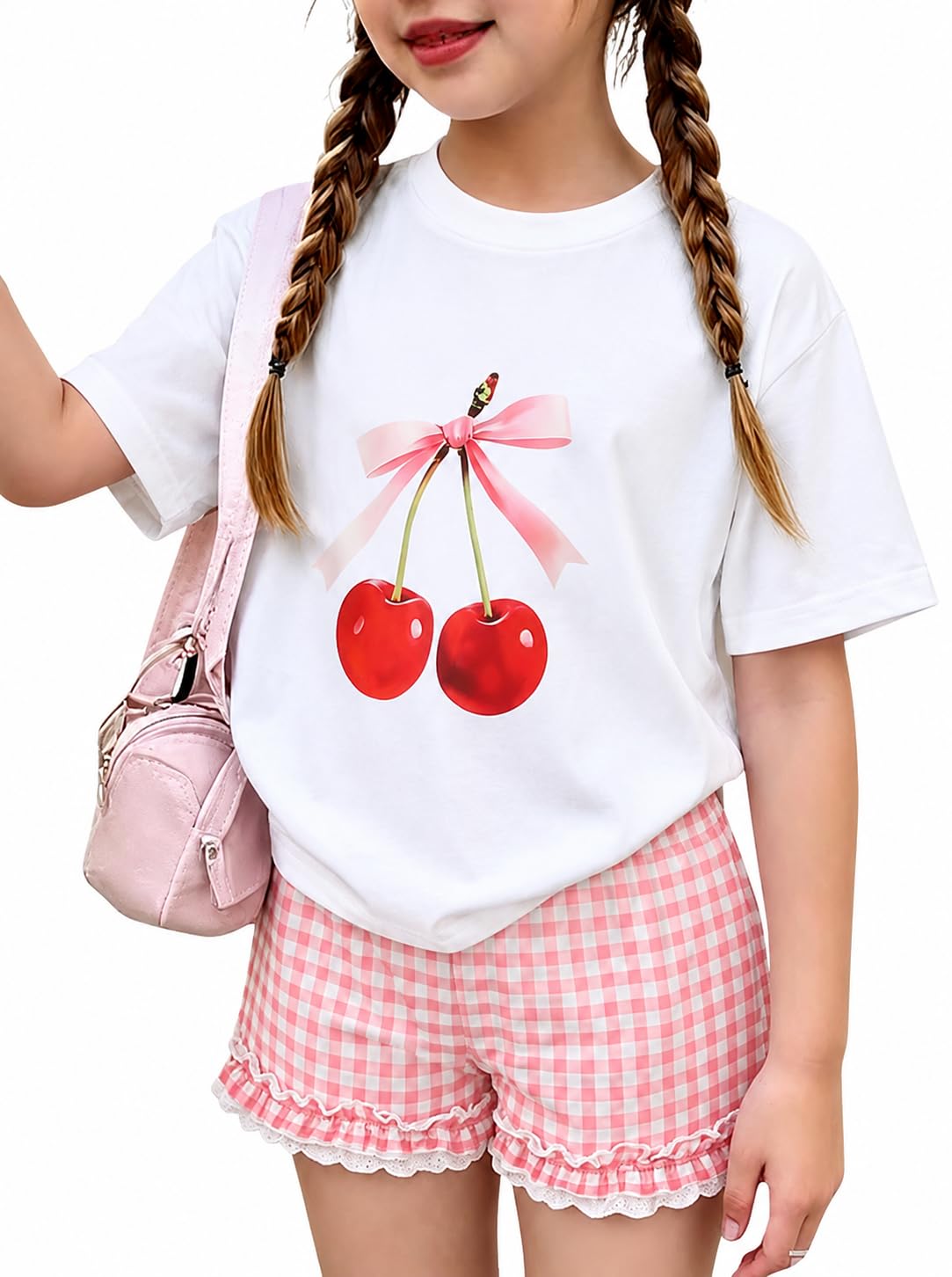 KIDLAGA Girls Shorts Sets 2 Pieces Outfits Bow/Cherry T-Shirt & Plaid Shorts Girls Summer Short Set 6-14Y