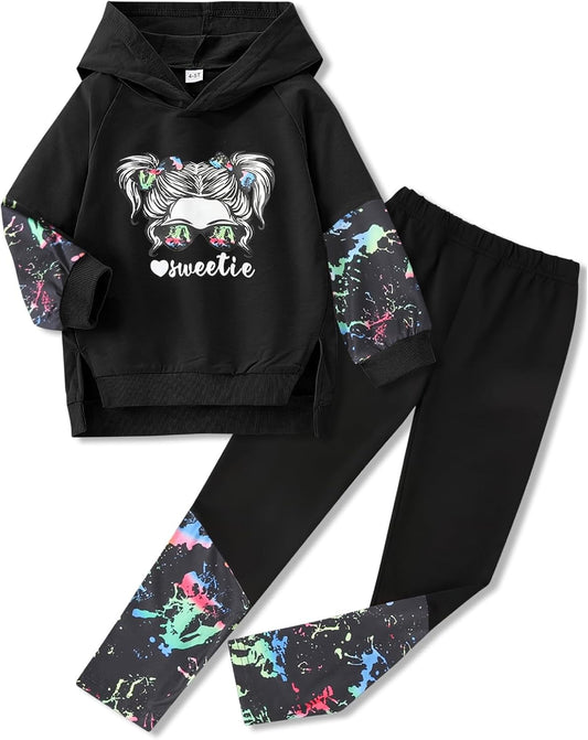 Kids Girls Clothes Cool Girl Print Tie Dye Pullover Sweatshirt and Sweatpants 2 Pieces Outfits Set