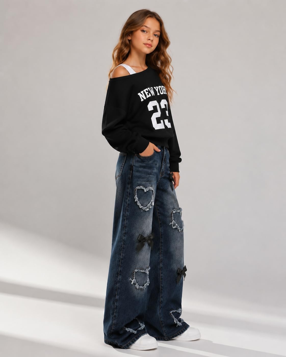 Tween Girl Clothes 2 Pieces Outfit Set Off Shoulder Top + Jeans Denim Fall Winter Spring Clothing, Size 8-16 Years