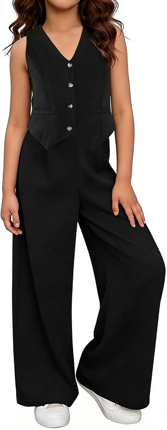 Girls Two Piece Outfits, Kids Vest And Wide Leg Pants Set, Back to School Outfits for Girls