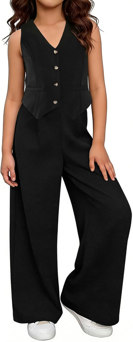 Girls Two Piece Outfits, Kids Vest And Wide Leg Pants Set, Back to School Outfits for Girls